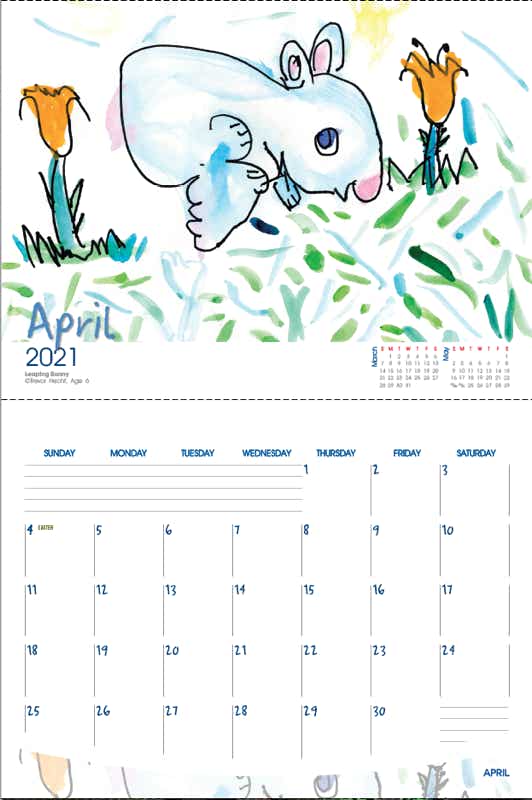 Calendar featuring original art by kids and children Bunny Rabbit